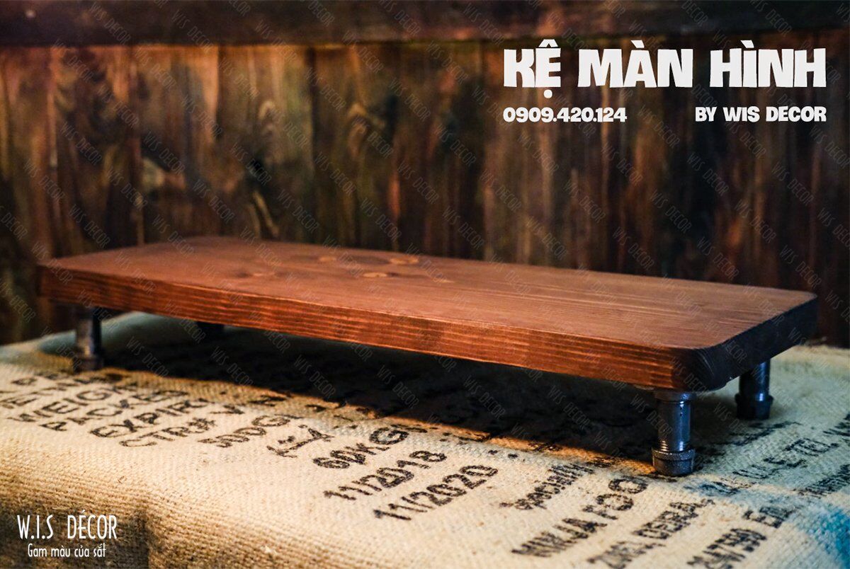 Kệ màn hình gỗ thông tự nhiên vintage - chân ống sắt cổ điển 4 kệ màn hình gỗ tự nhiên