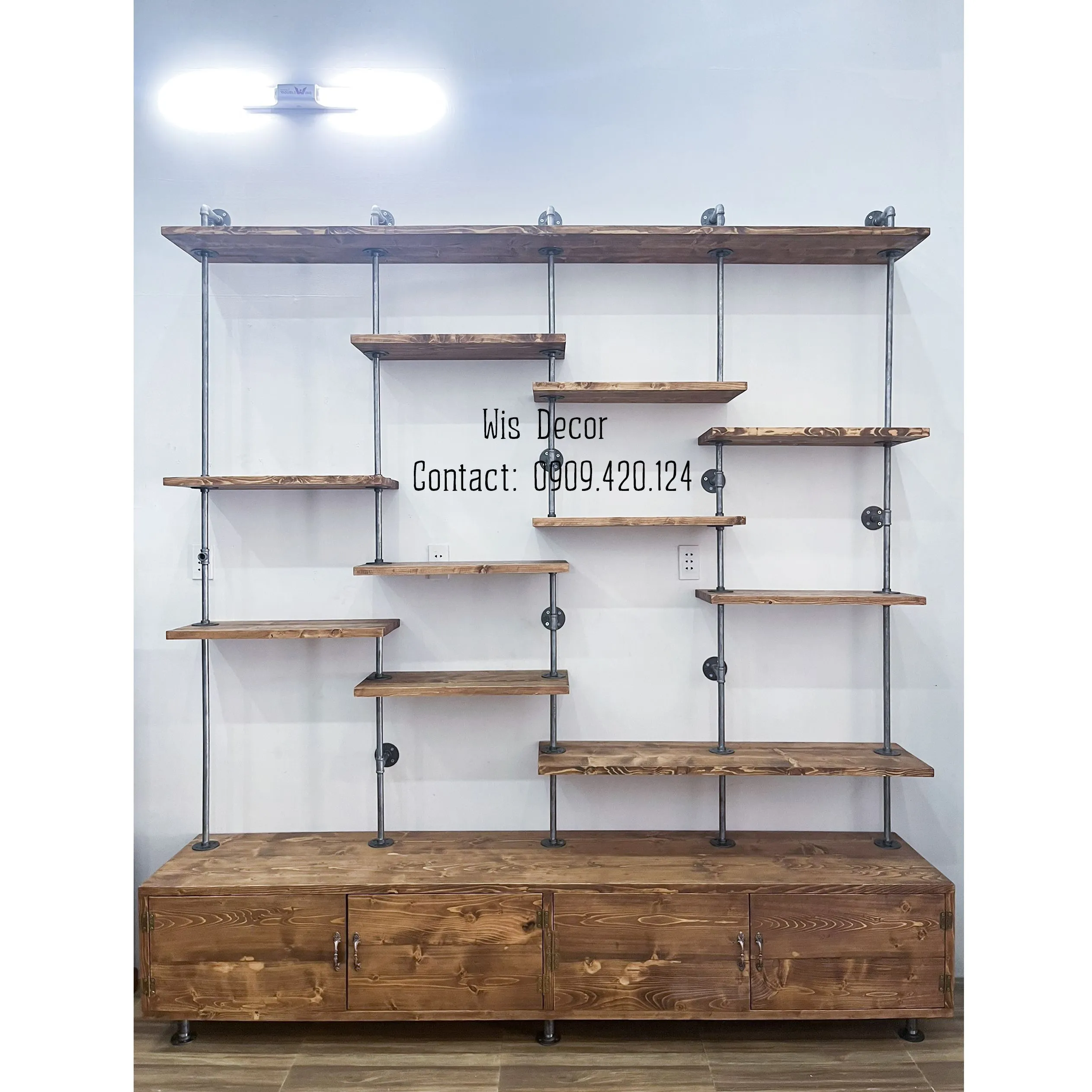 Tủ kệ gỗ trang trí vintage, khung ống sắt cổ điển 2 kệ gỗ gắn tường