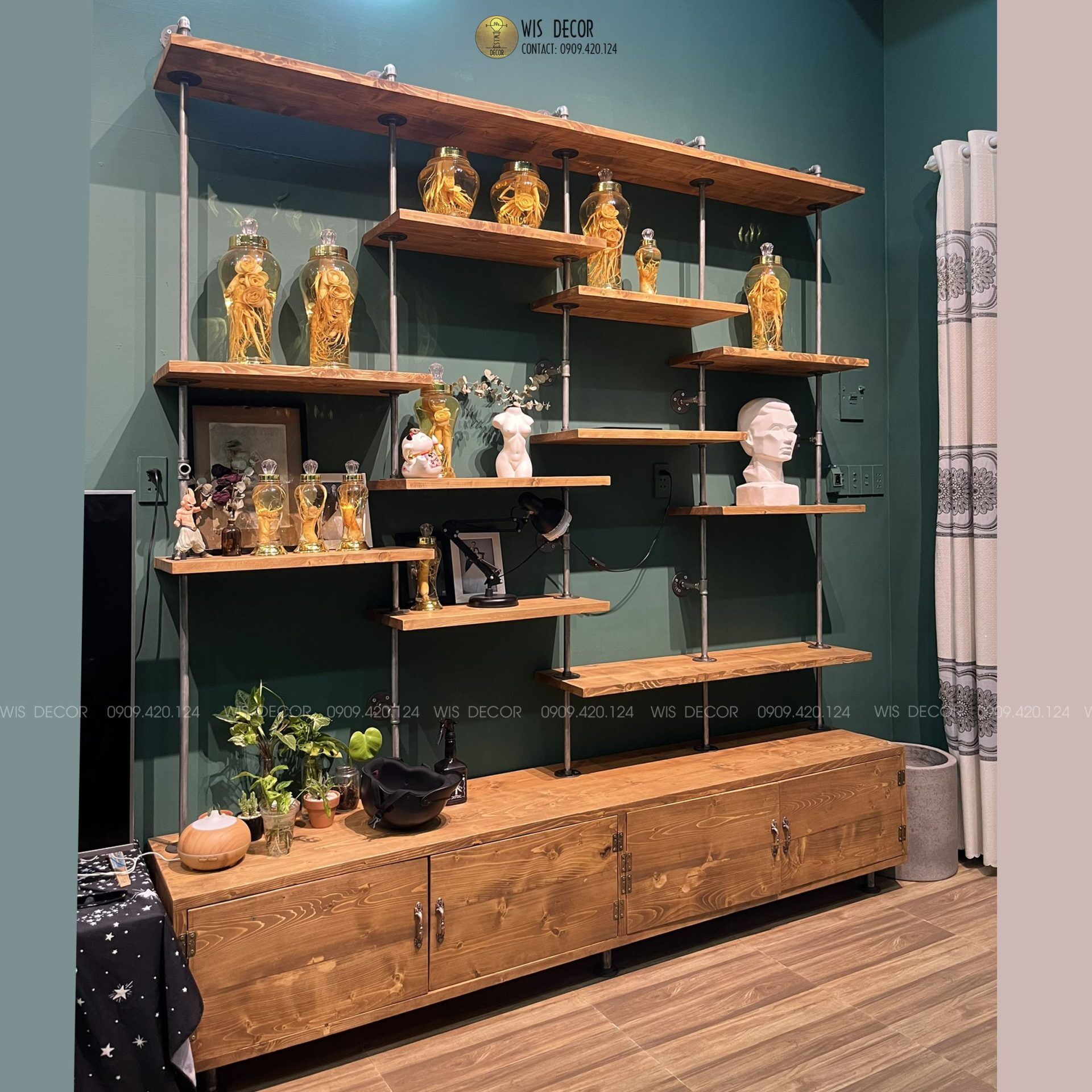 Tủ kệ gỗ trang trí vintage, khung ống sắt cổ điển 1 Tủ kệ gỗ trang trí vintage